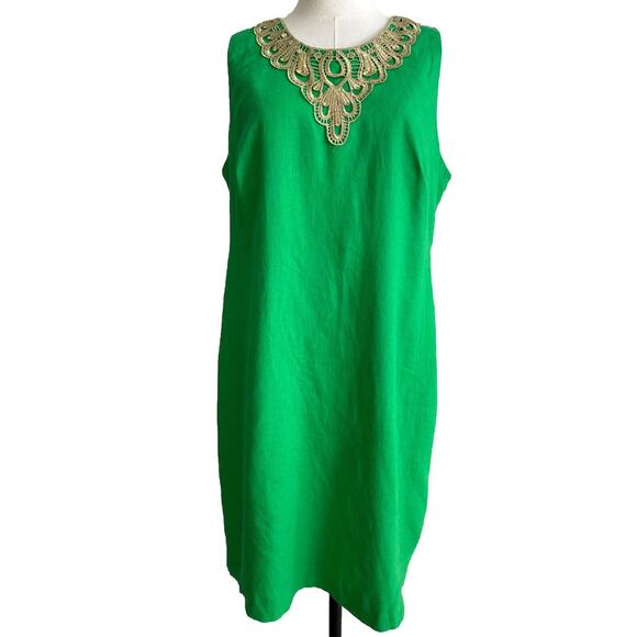 Linen Cocktail Formal Dress Midi Green Gold Embroidered Size 14 Zipper Back Rare - Picture 1 of 14